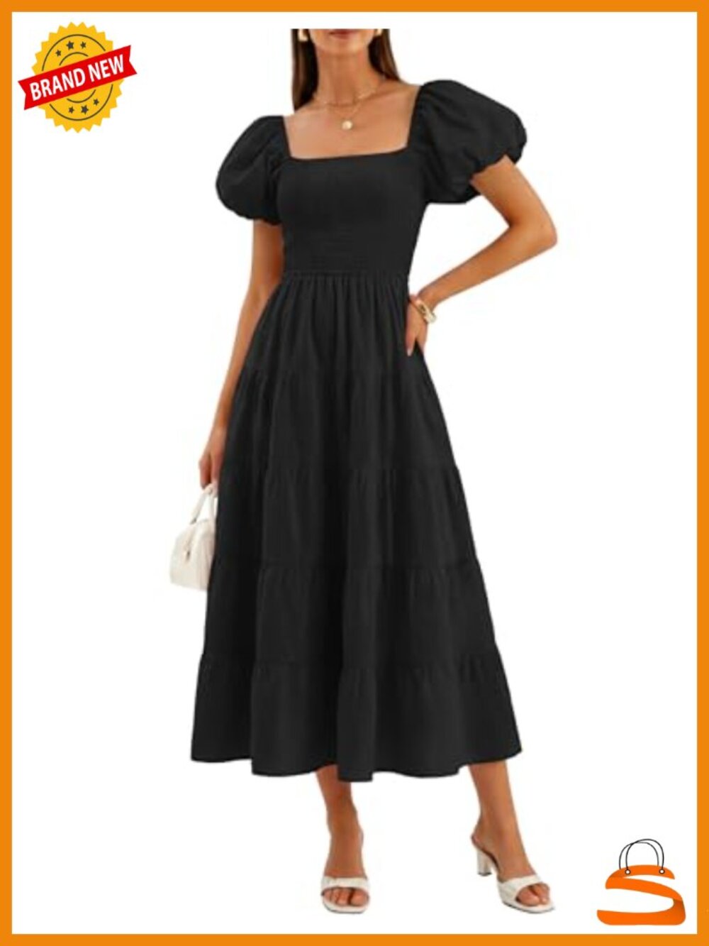 Women's Puff Sleeve Midi Dress Square Neck Smocked High Waist Flowy Tiered - Picture 1 of 6